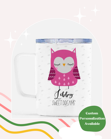 Owl Mug, Personalized Mug, Travel Mug w/ Lid, Mug with Lid, Travel Mug, Personalized Gift, Birthday Gift, Remote Learning, Zoom, Kid’s Mug