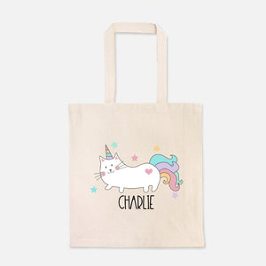 Cat Unicorn Personalized Tote Bag, Custom Monogrammed Girls Book Bag, Cat Unicorn Tote Bag, Kindergarten Bag, Cat Lover Gift, Book Bag