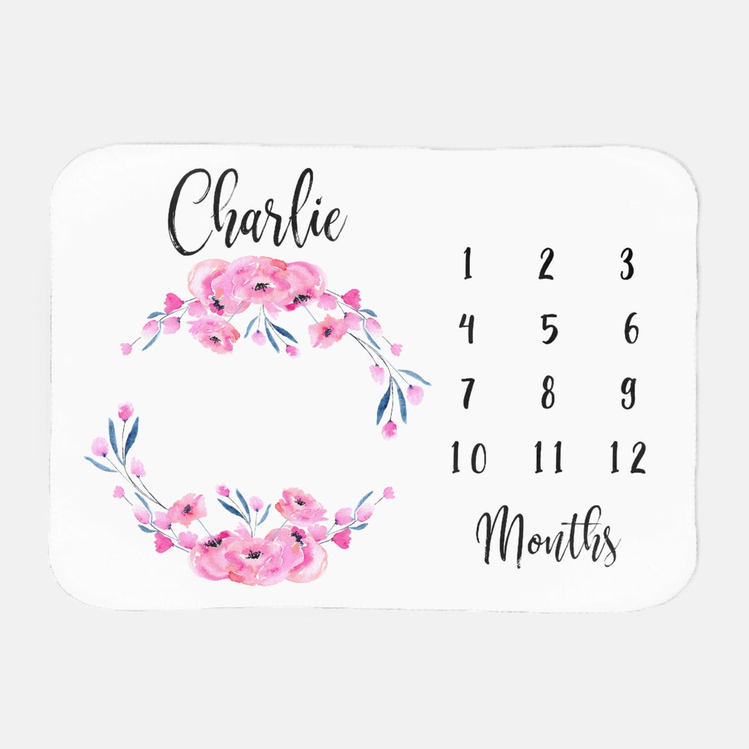 Girls Floral Wreath Milestone Blanket/Blush Rose Floral Blanket/ Girls Custom Milestone Blanket/ Girls Monthly Photo Blanket