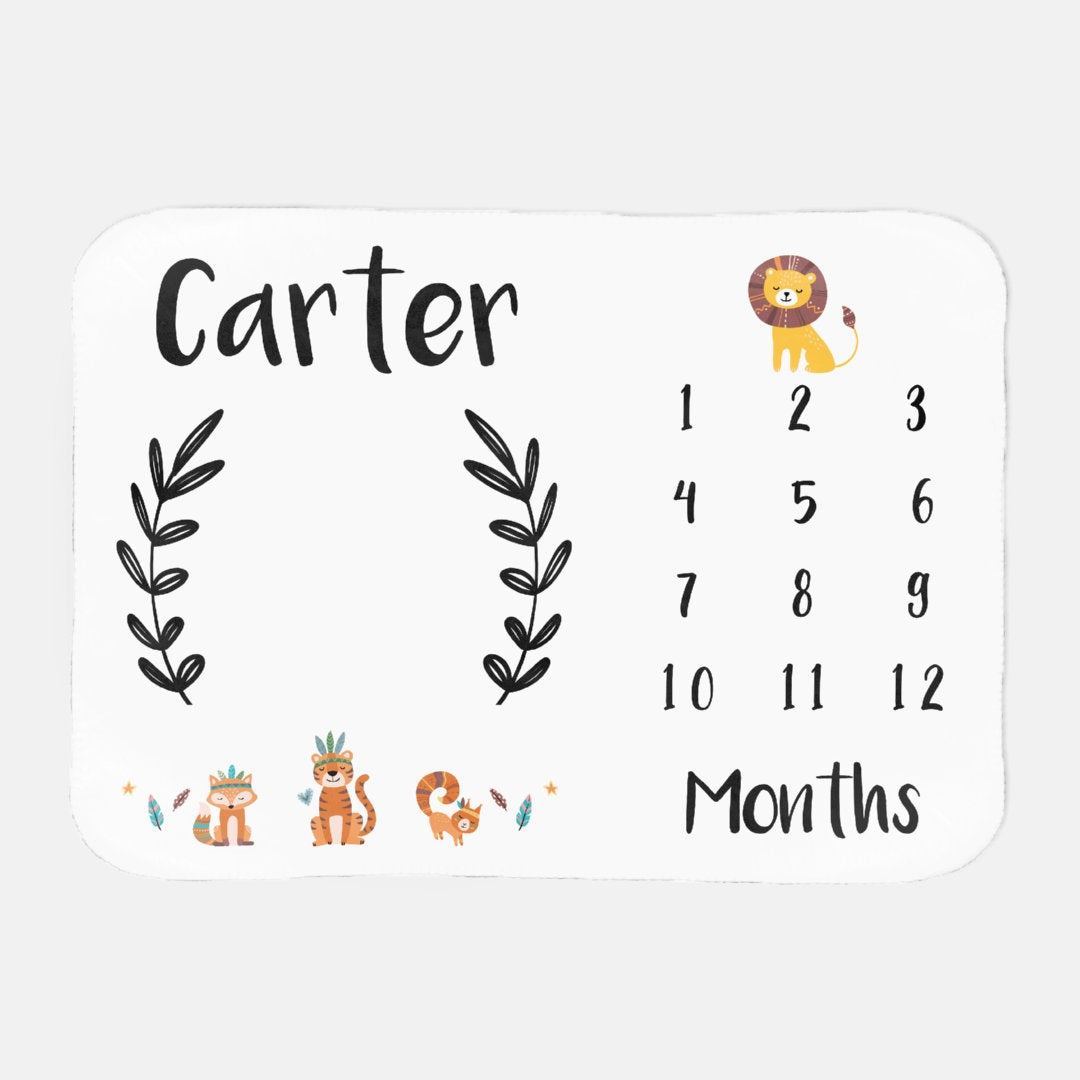 Personalized Baby Monthly Milestone Blanket, Calendar Photo Prop, Track Growth, Age, Watch Me Grow,Animal, Boy, Shower Gift, 30x40 Sherpa