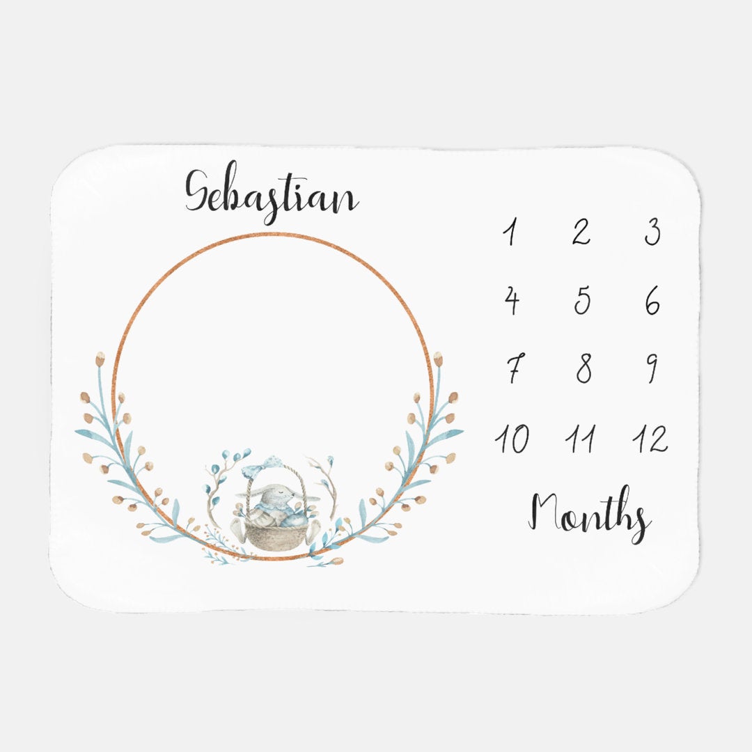 Personalized Baby Monthly Milestone Blanket, Calendar Photo Prop, Track Growth, Age, Watch Me Grow, Bunny, Boy, Shower Gift, 30x40 Sherpa