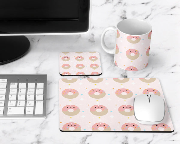 Donut Print, Work From Home Desk Set, Coaster + 11 Oz Mug + Mousepad,  Desk Decor, Office Decor, Gifts for Employee, Mouse Pad, Mug, Coaster