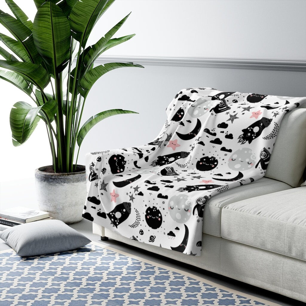 Sloth Monochrome Sherpa Fleece Blanket, Throw Blanket, Baby Blanket, Home and Living, Sherpa and Fleece 50x60 Blanket, Sloth, Stars Blanket