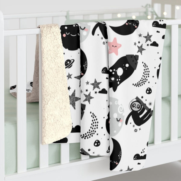 Sloth Monochrome Sherpa Fleece Blanket, Throw Blanket, Baby Blanket, Home and Living, Sherpa and Fleece 50x60 Blanket, Sloth, Stars Blanket