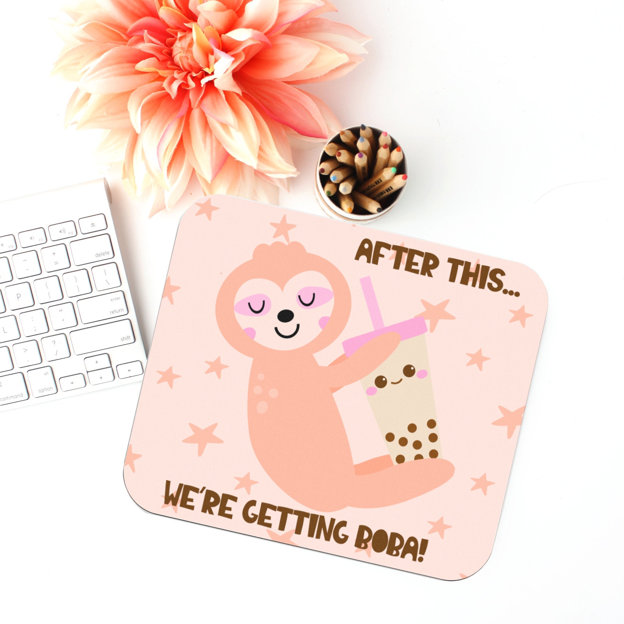 Sloth Boba Tea Print Mouse Pad, Desk Accessories, Office Decor for Women, Office Gifts, Co-worker Gift, Work From Home Gift, Bubble Tea Gift