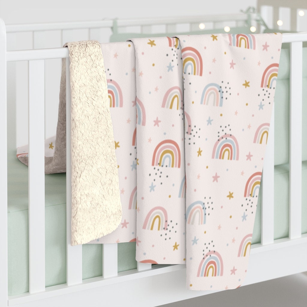 Rainbow Sherpa Fleece Blanket, Scandinavian Print Blanket, Rainbow Print Blanket, Home and Living, Modern Blanket, 50x60 Blanket