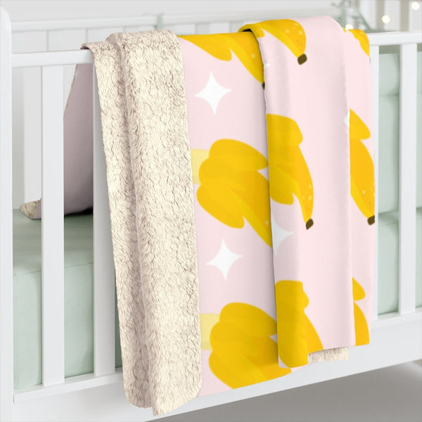 Banana Sherpa Fleece Blanket, Banana Print Blanket, Kawaii Print Blanket, Home and Living, Modern Blanket, 50x60, 60x80, Kawaii Banana Throw