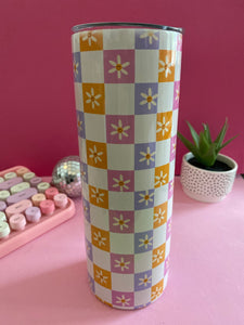 Stainless Steel Checker Print Tumbler, 20 oz Straight Tumbler, 70s Inspired Tumbler, 70s Print, Groovy Print, Tumbler
