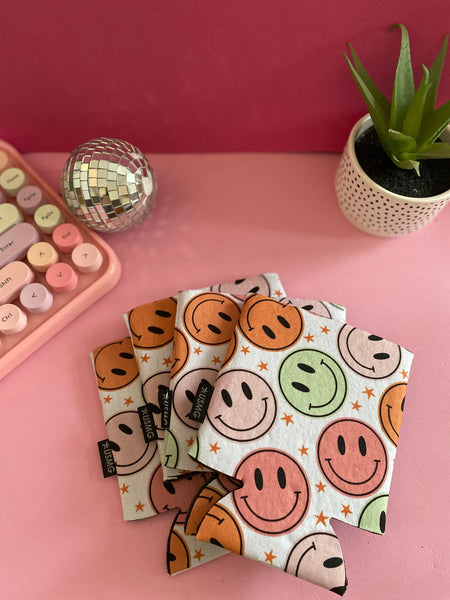 Can Cooler Sleeves, 70's Inspired Print,Happy Face Print, Trendy Gift, Summer Can Cooler