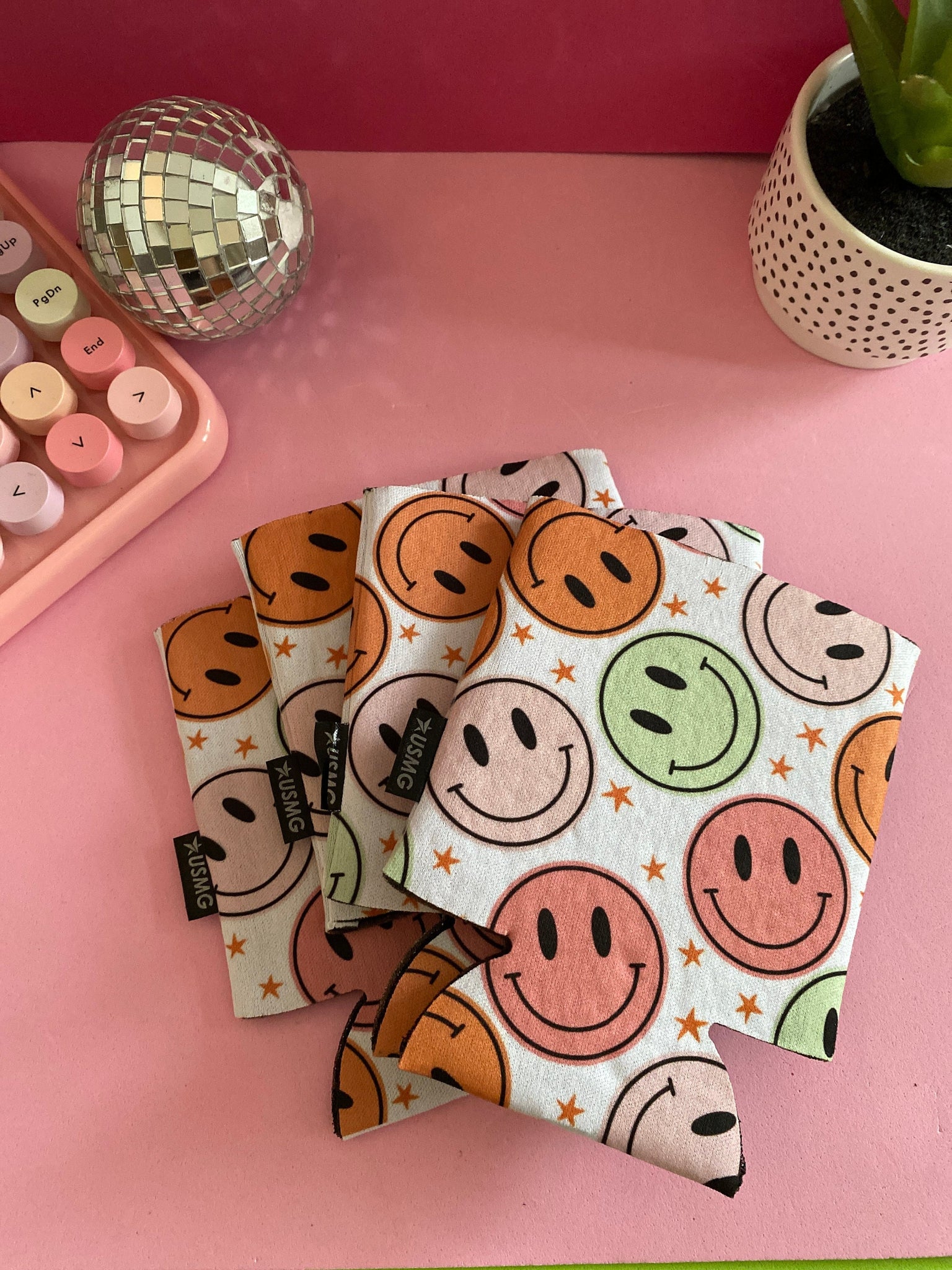 Can Cooler Sleeves, 70's Inspired Print,Happy Face Print, Trendy Gift, Summer Can Cooler