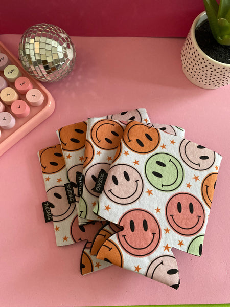 Can Cooler Sleeves, 70's Inspired Print,Happy Face Print, Trendy Gift, Summer Can Cooler