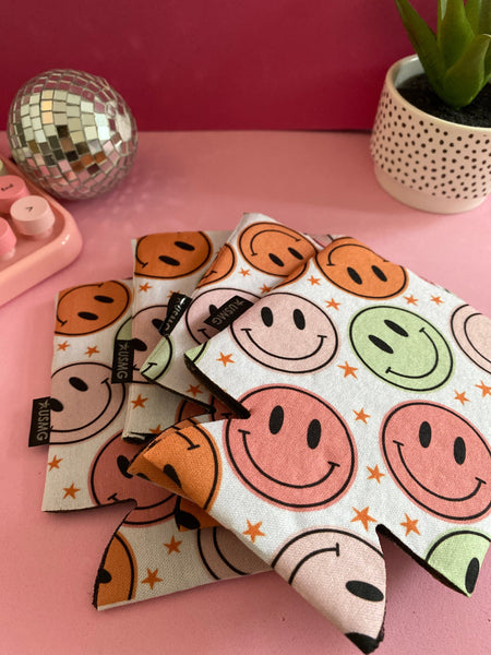 Can Cooler Sleeves, 70's Inspired Print,Happy Face Print, Trendy Gift, Summer Can Cooler