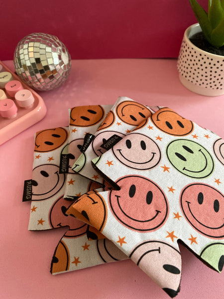 Can Cooler Sleeves, 70's Inspired Print,Happy Face Print, Trendy Gift, Summer Can Cooler