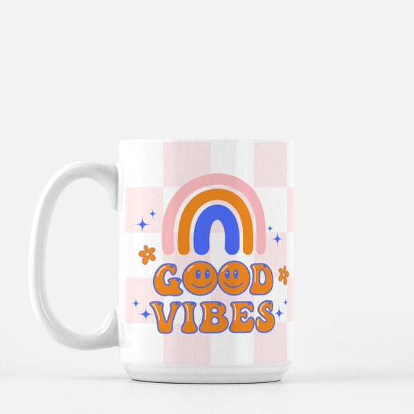 Good Vibes Mug, Checker Print Mug, Trendy Mug,  Inspiration Mug, Work From Home Gift, Gift Mug, Birthday Mug, 15 Oz Ceramic Mug