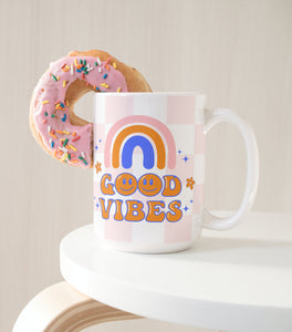 Good Vibes Mug, Checker Print Mug, Trendy Mug,  Inspiration Mug, Work From Home Gift, Gift Mug, Birthday Mug, 15 Oz Ceramic Mug