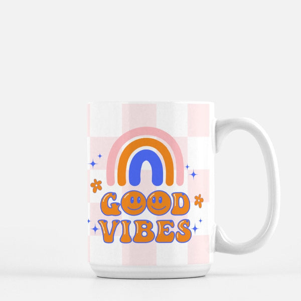 Good Vibes Mug, Checker Print Mug, Trendy Mug,  Inspiration Mug, Work From Home Gift, Gift Mug, Birthday Mug, 15 Oz Ceramic Mug