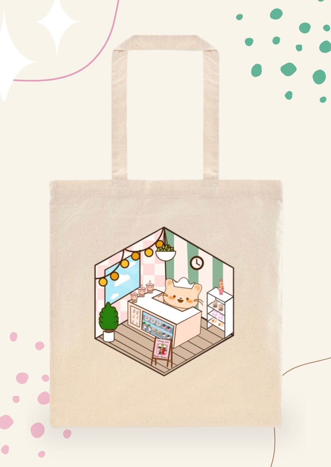 Kawaii Cat, Tote Bag, Book Bag,  All Purpose Bag, Grocery Bag, Shopping Bag, Farmers Market Tote, Positive Tote Bag, Ramen